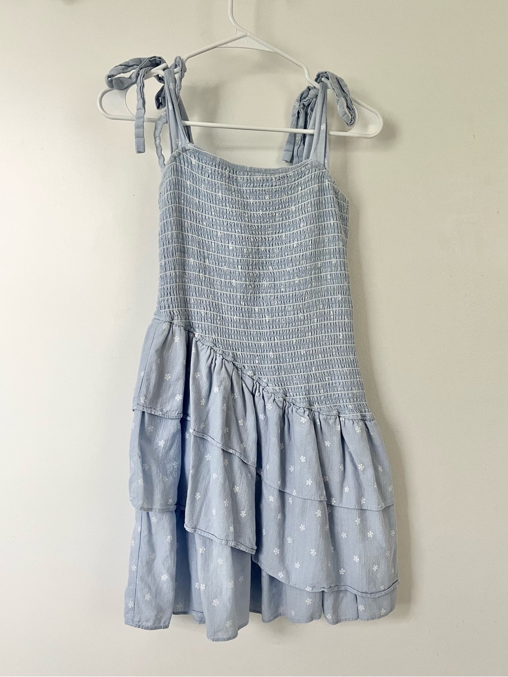 Denim Light Blue Smocked Tiered Asymmetrical Adjustable Tie-Shoulder Dress